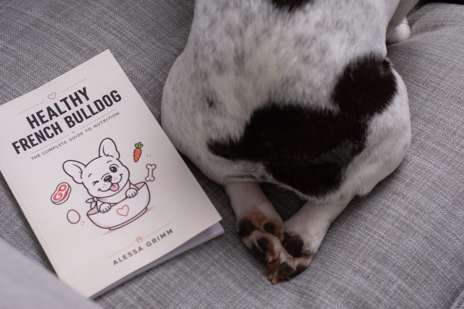 Healthy Frenchies paperback beside a resting French Bulldog